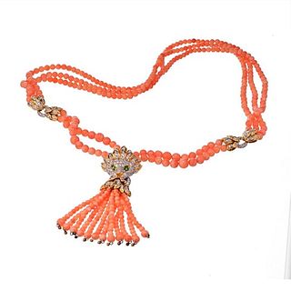 18K YELLOW GOLD ESTATE LION CORAL BEAD NECKLACE