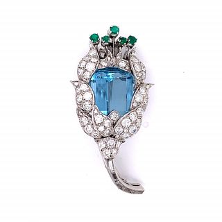Platinum Aquamarine, Emerald, and Diamond Brooch