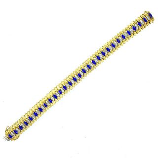 Diamond Blue Enamel 18k Gold Estate Link Bracelet