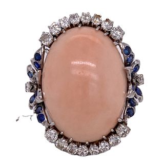 Coral Diamond Sapphire Ring 18K Adjustable Shank