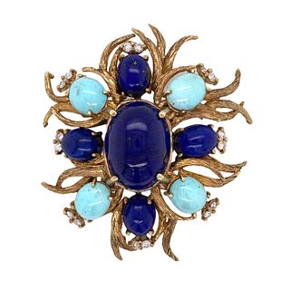 1960's Diamond Lapis Lazuli Turrquoise 14k Brooch