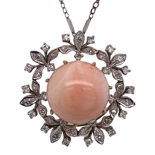 1960's Diamond Coral White Gold Pendant Necklace