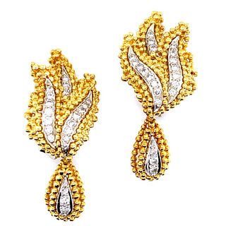 1960's Diamond 18k Yellow Gold Drop Leaf Earrings