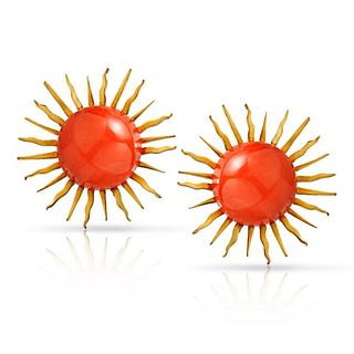 18K YELLOW GOLD ROUND ORANGE CORAL EARRINGS