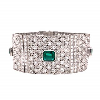 Art Deco 28.6 Ct. Diamond Chatham Emerald Bracelet