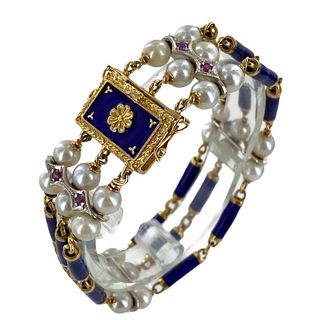 Italian Pearl Ruby 18k Gold Three Row Bracelet