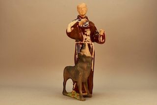 Antique Glazed Ceramic Friar Statue w/ Wolf