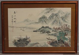 Signed Asian Watercolor Scene with Boats.