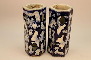 Antique Chinese Blue/White Hexagonal Vases
