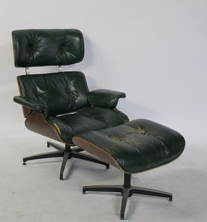 Midcentury Eames Style Green Leather Upholstered