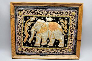 Framed 20th C. Gilt Indian Tapestry of an Elephant