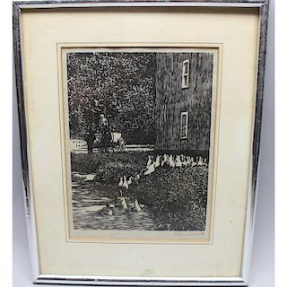 Signed Antique Etching Carriage near a stream