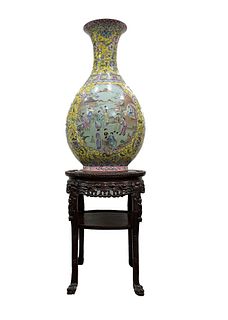 Yellow Ground Famille Rose Vase with Chinese Stand