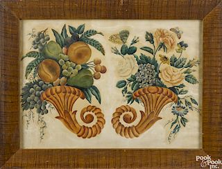 New England watercolor theorem of two cornucopias, 19th c., retaining a period painted frame