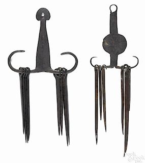 Two wrought iron skewer sets, 18th/19th c., 13'' h. and 12 1/2'' h.