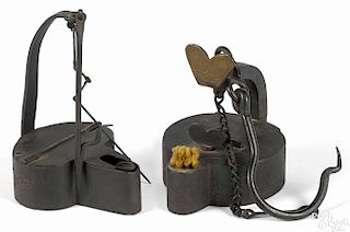 Henry Boker iron miner's lamp, 19th c., together with an unsigned fat lamp, 4'' h. and 5 1/4'' h.