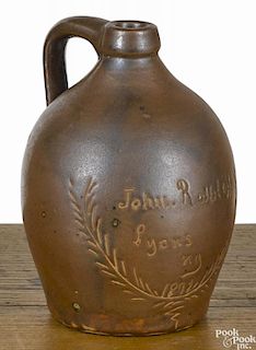 New York stoneware miniature presentation jug, dated 1892, inscribed John Rolhloff Lyons NY