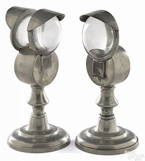 Two Dorchester, Massachusetts pewter bull's-eye fluid lamps, ca. 1845, one with a single lens