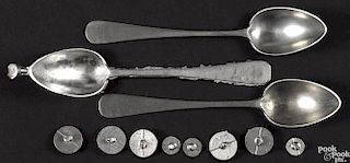 Bronze mold for pewter spoons, 18th c., together with a button mold, reproduction spoons, buttons