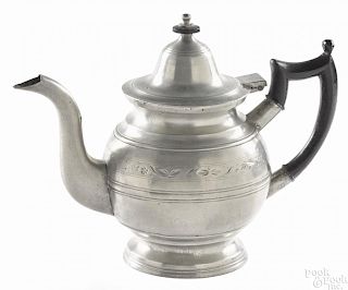 Beverly, Massachusetts engraved pewter teapot, ca. 1835, bearing the touch of Eben Smith