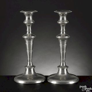 Pair of New York pewter candlesticks, ca. 1845, bearing the touch of Henry Hopper, 10'' h.