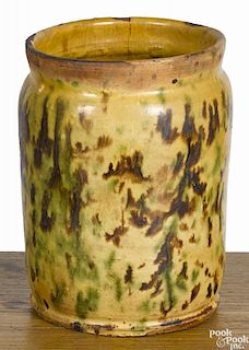 New England redware crock, 19th c., with unusual mottled green and brown glaze on a yellow ground
