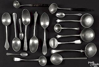 Pewter spoons, ladles, and tasters, 18th/19th c., to include a moat spoon by William Ellsworth.