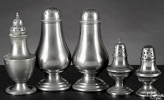 Pair of New England pear-shaped pewter castors, ca. 1840, 5 3/4'' h.