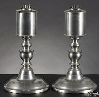 Pair of Westbrook, Maine pewter fluid lamps, ca. 1845, bearing the touch of Rufus Dunham