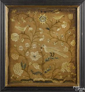 Pair of silkwork panels, dated 1795, initialed BH, each with birds