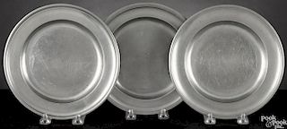 Three Connecticut pewter plates, 18th/19th c., bearing the touches of Thomas Boardman