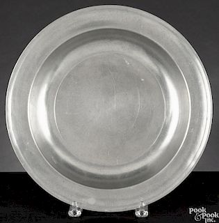 Philadelphia pewter deep dish, late 18th c., bearing the Love touchmark, 13'' dia.