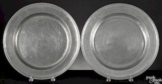 Two Providence, Rhode Island pewter chargers, ca. 1790, bearing the touch of Gershom Jones, 15'' dia.