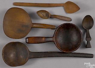 New England burlwood scoop, 19th c., together with two other scoops and three spoons