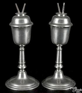 Pair of New England pewter fluid lamps, early/mid 19th c., 11 1/2'' h.