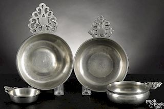 Four New England pewter porringers, early/mid 19th c., 2 1/2'' dia., 3 1/2'' dia.
