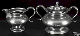 New York pewter sugar and matching creamer, dated 1840, bearing the touch of Boardman & Co.