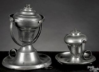 Two pewter gimbaled fluid lamps, mid 19th c., the smaller bearing the touch of Yale & Curtis