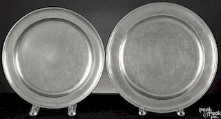 Two Massachusetts pewter chargers, early 19th c., bearing the touches of Samuel Green