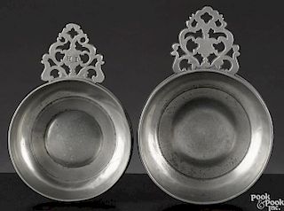 Two Connecticut or Rhode Island flower handled pewter porringers, ca. 1790
