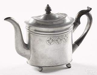 Beverly, Massachusetts engraved pewter teapot, ca. 1830, bearing the touch of Israel Trask, 7'' h.