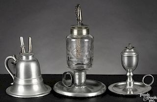 Three Massachusetts pewter fluid lamps, mid 19th c., bearing the touches of Smith & Co.