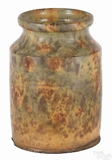 Pennsylvania redware crock, 19th c., with mottled brown, orange, and green glaze, 8 3/8'' h.