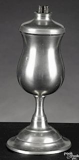 Beverley, Massachusetts pewter whale oil lamp, ca. 1830, bearing the touch of Israel Trask