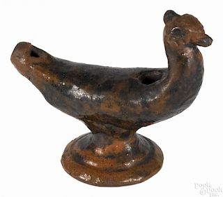 Pennsylvania redware figural bird whistle, early 19th c., with manganese splotching, 3 1/4'' h.