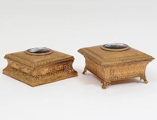 TWO LIMOGES ENAMEL PLAQUE MOUNTED BRASS BOXES