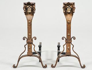 PAIR OF BRASS AND WROUGHT IRON ANDIRONS