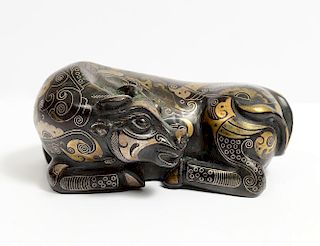 FINE AND UNUSUAL GOLD AND SILVER INLAID BRONZE OX