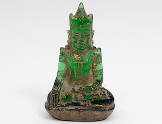 RARE GOLD LEAF GREEN GLASS FIGURE OF BUDDHA