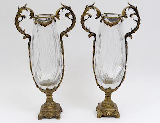 PAIR OF GILT BRONZE MOUNTED CUT GLASS VASES